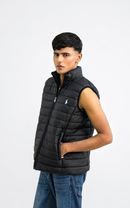 Black color half sleeve puffer jacket