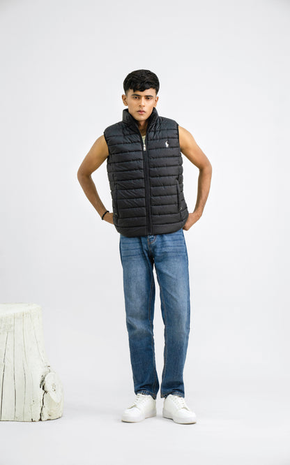Black color half sleeve puffer jacket