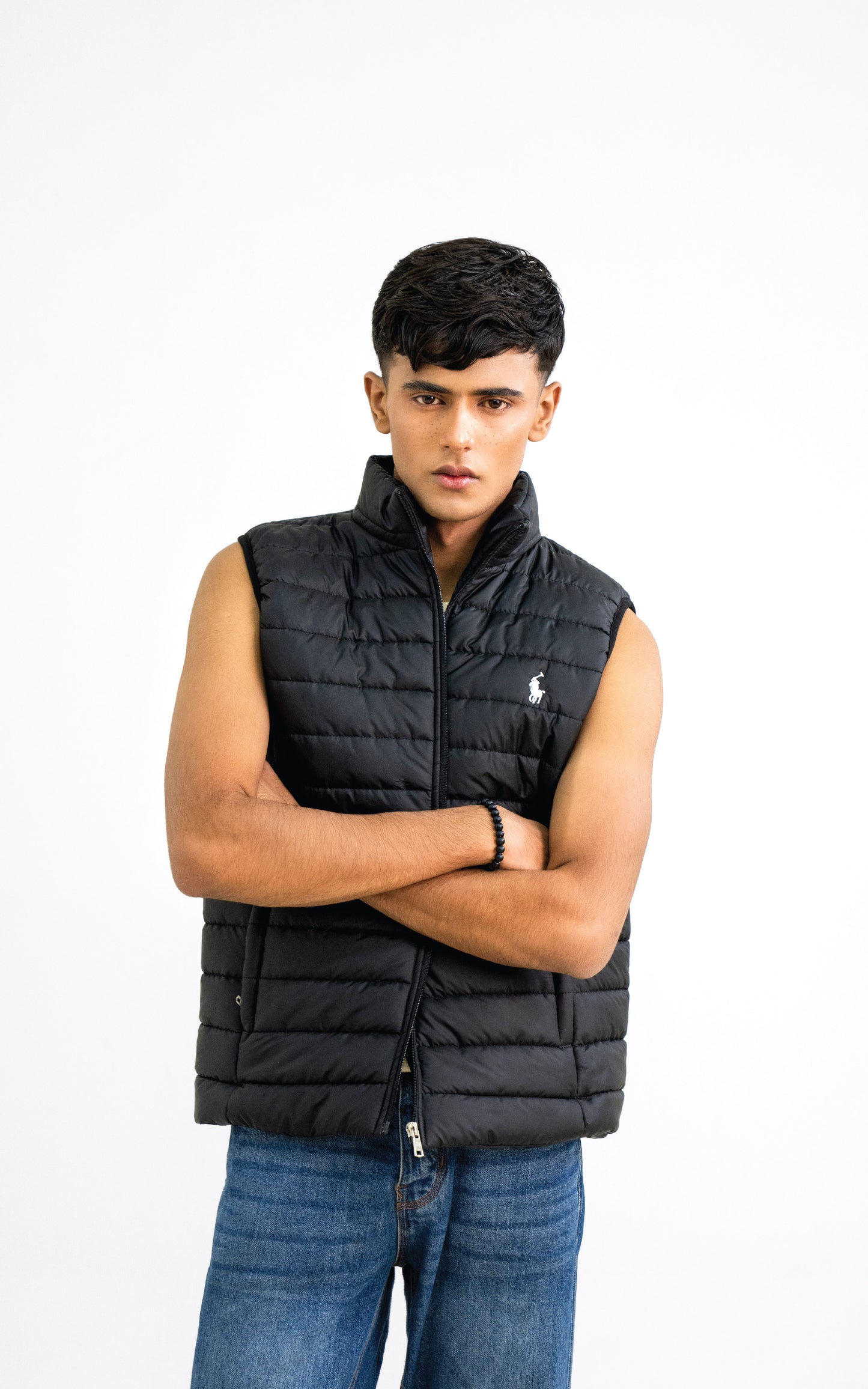 Black color half sleeve puffer jacket