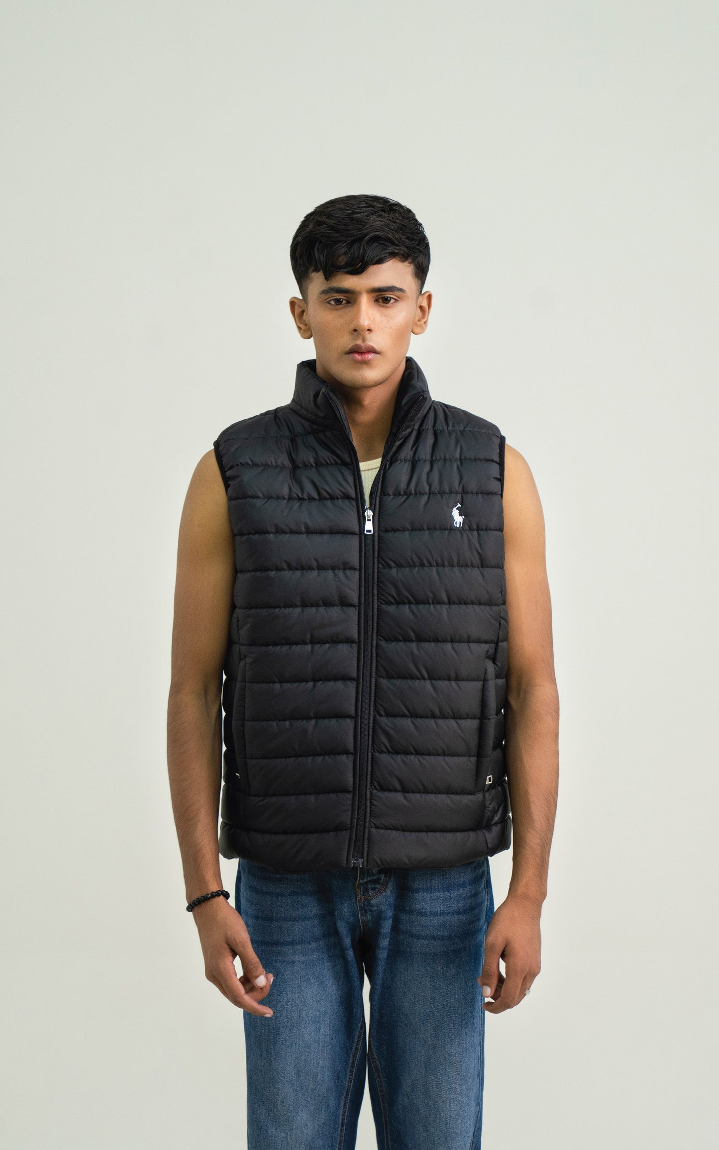 Black color half sleeve puffer jacket