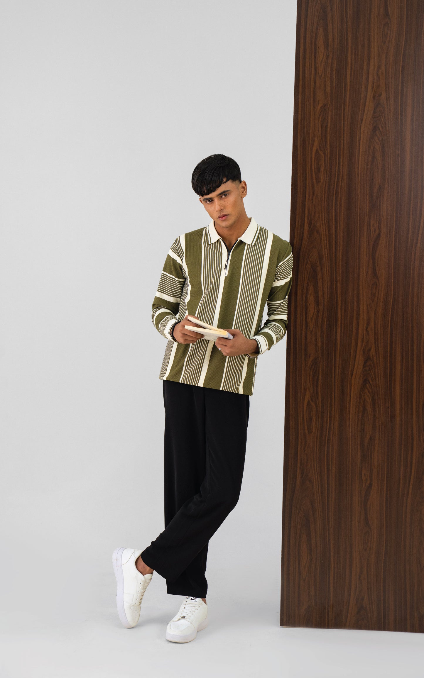Olive Green & Cream Vertical Striped Zipper Polo