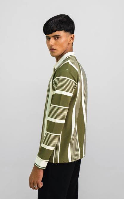 Olive Green & Cream Vertical Striped Zipper Polo