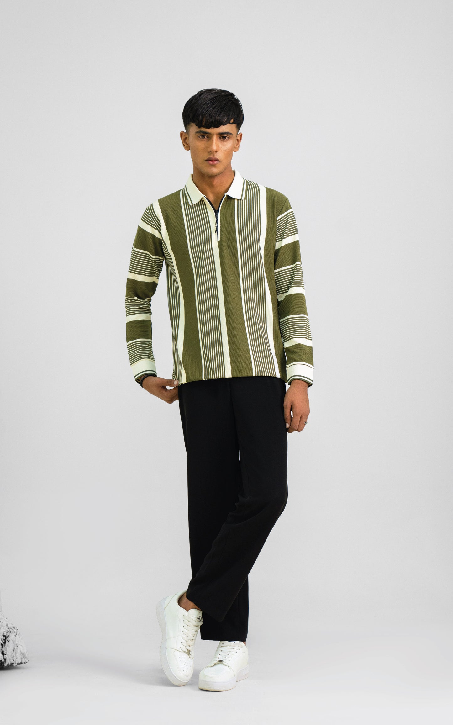 Olive Green & Cream Vertical Striped Zipper Polo