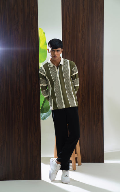 Olive Green & Cream Vertical Striped Zipper Polo