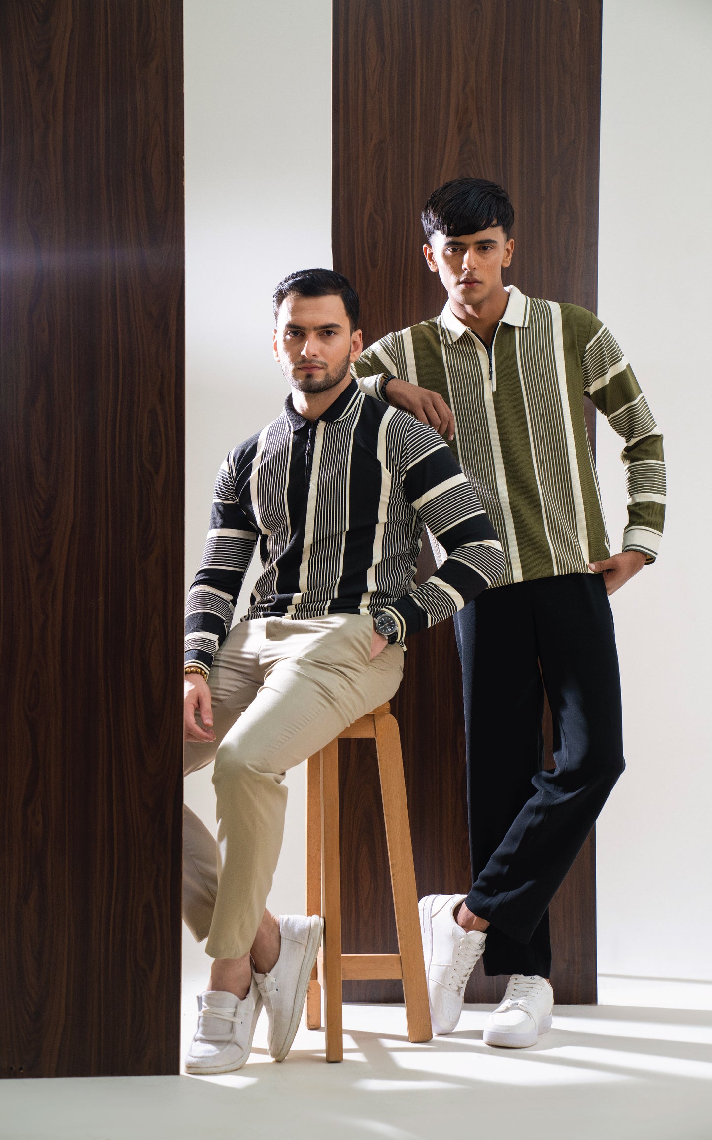 Olive Green & Cream Vertical Striped Zipper Polo