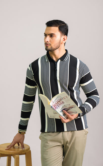 Black & Cream Vertical Striped Zipper Polo