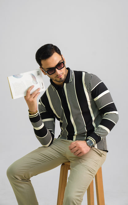Black & Cream Vertical Striped Zipper Polo