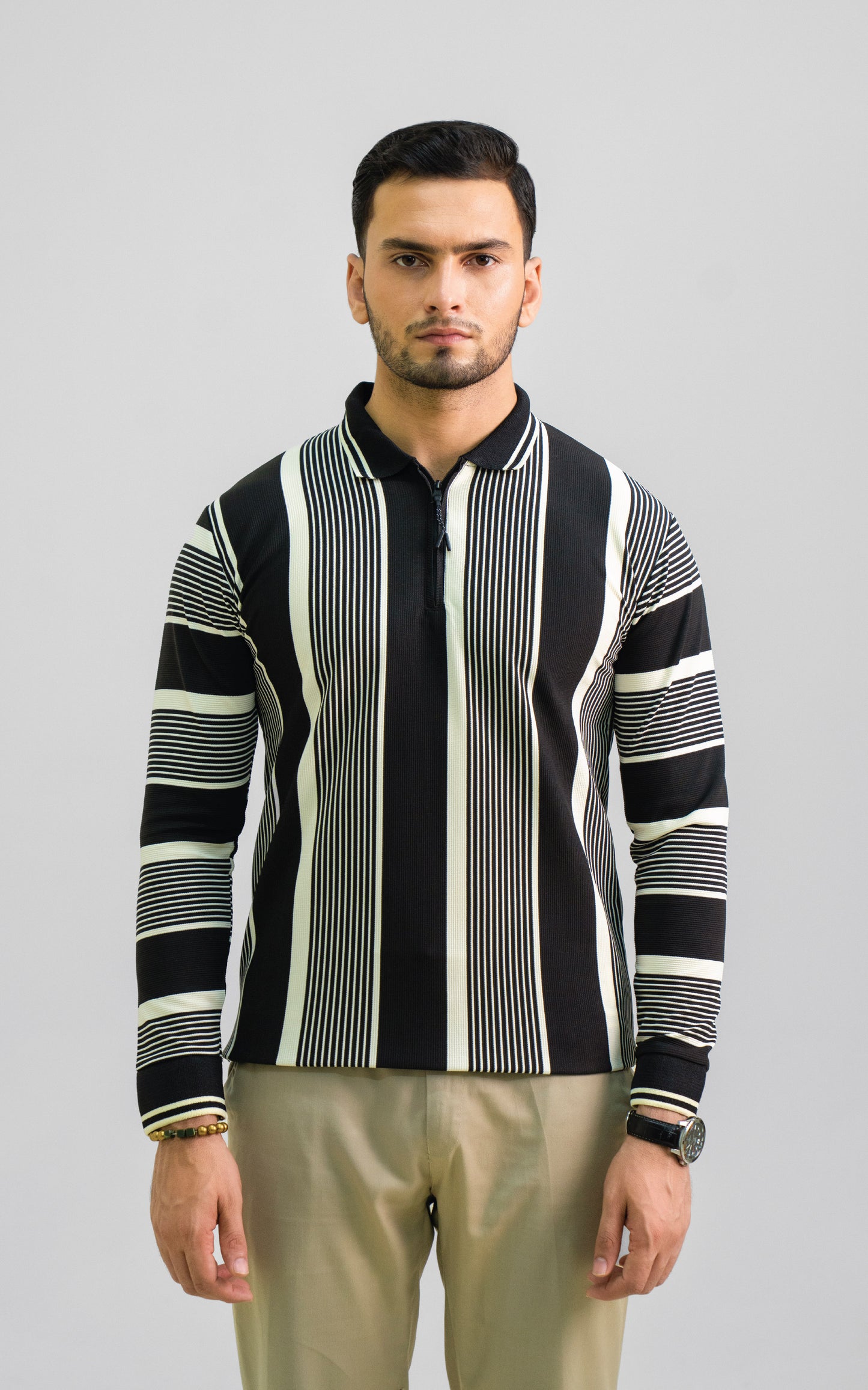 Black & Cream Vertical Striped Zipper Polo