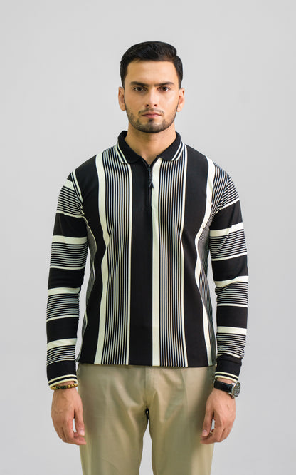 Black & Cream Vertical Striped Zipper Polo