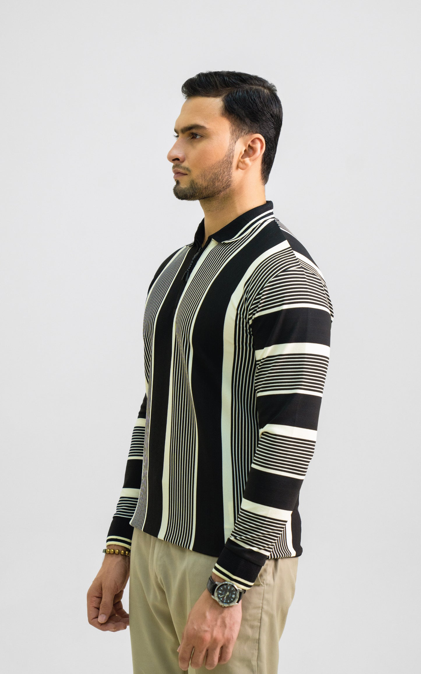Black & Cream Vertical Striped Zipper Polo
