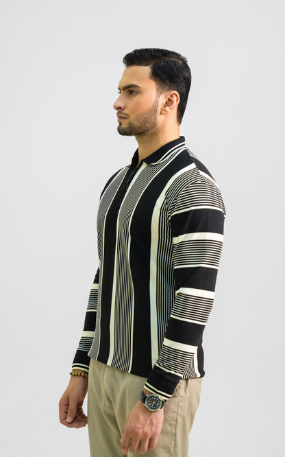 Black & Cream Vertical Striped Zipper Polo