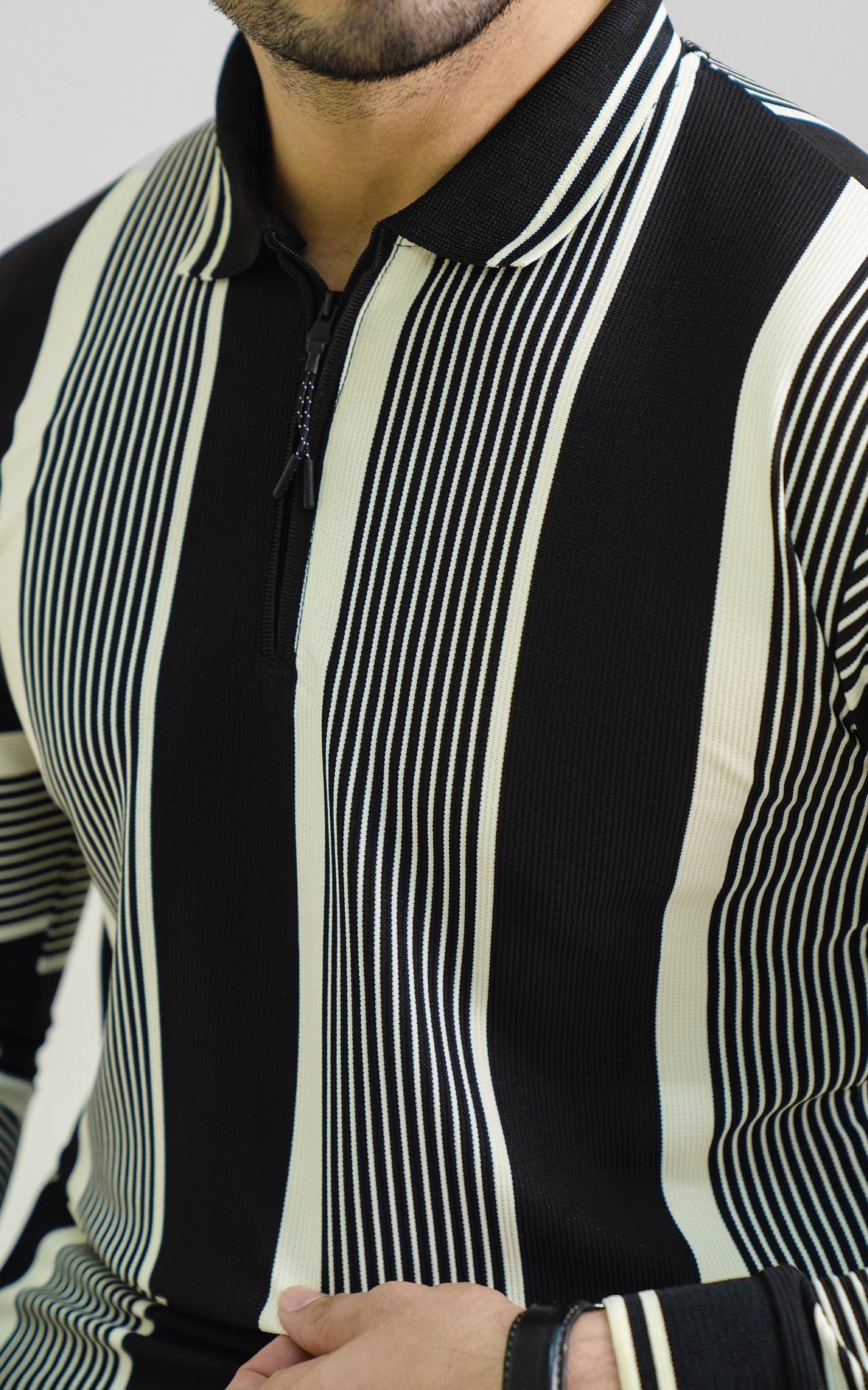 Black & Cream Vertical Striped Zipper Polo