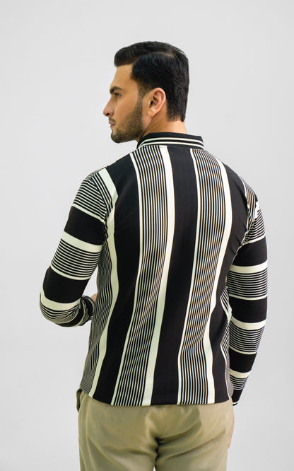 Black & Cream Vertical Striped Zipper Polo