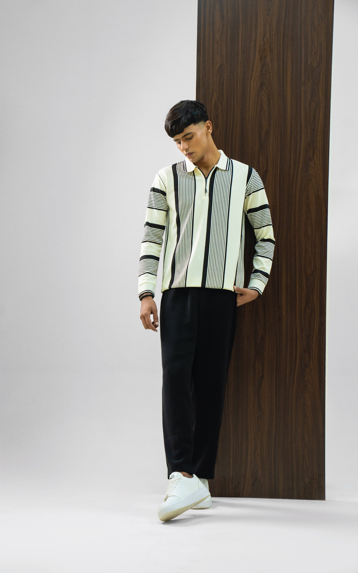 White & Black Vertical Striped Zipper Polo