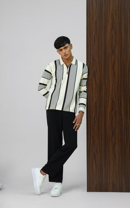 White & Black Vertical Striped Zipper Polo