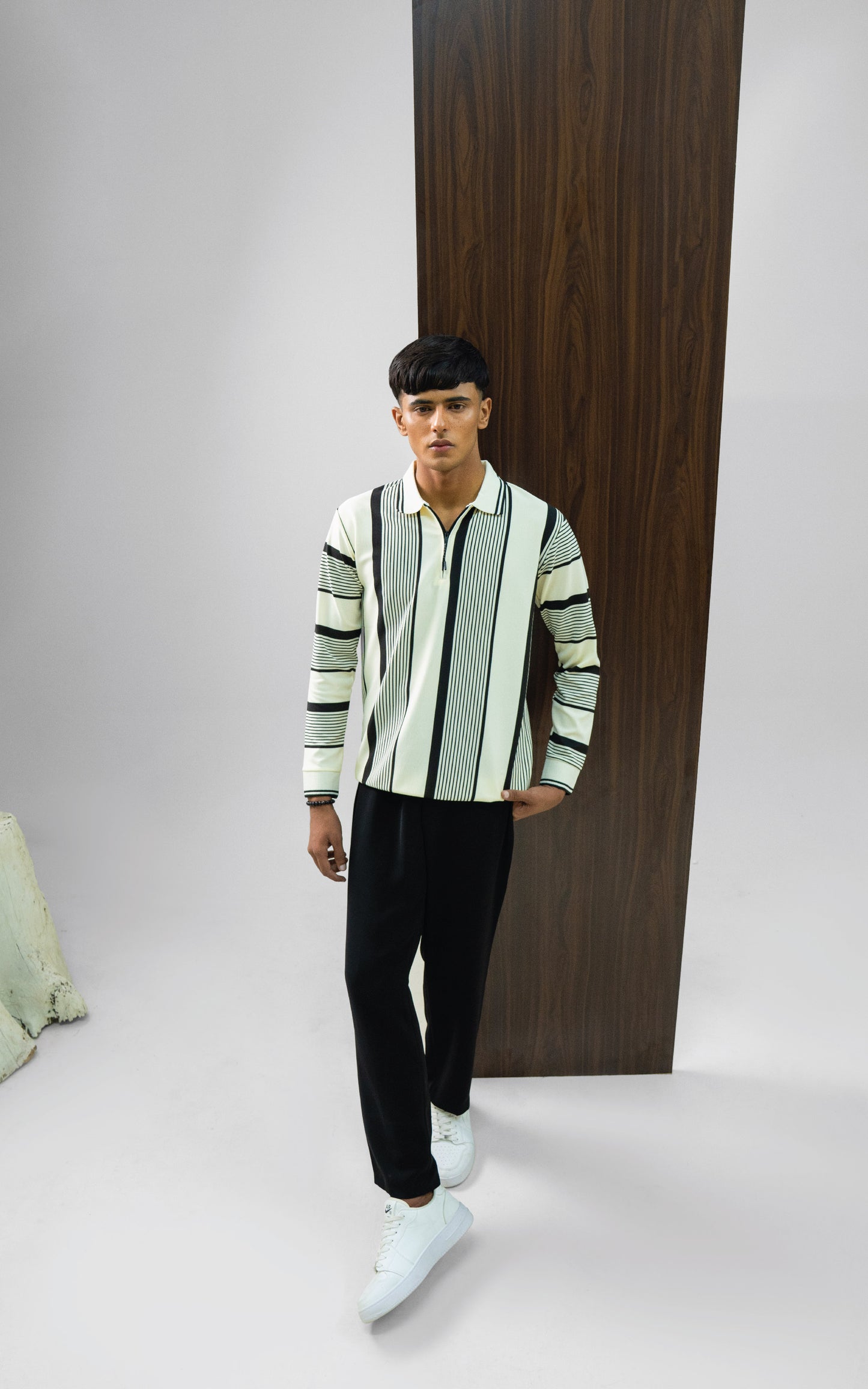 White & Black Vertical Striped Zipper Polo