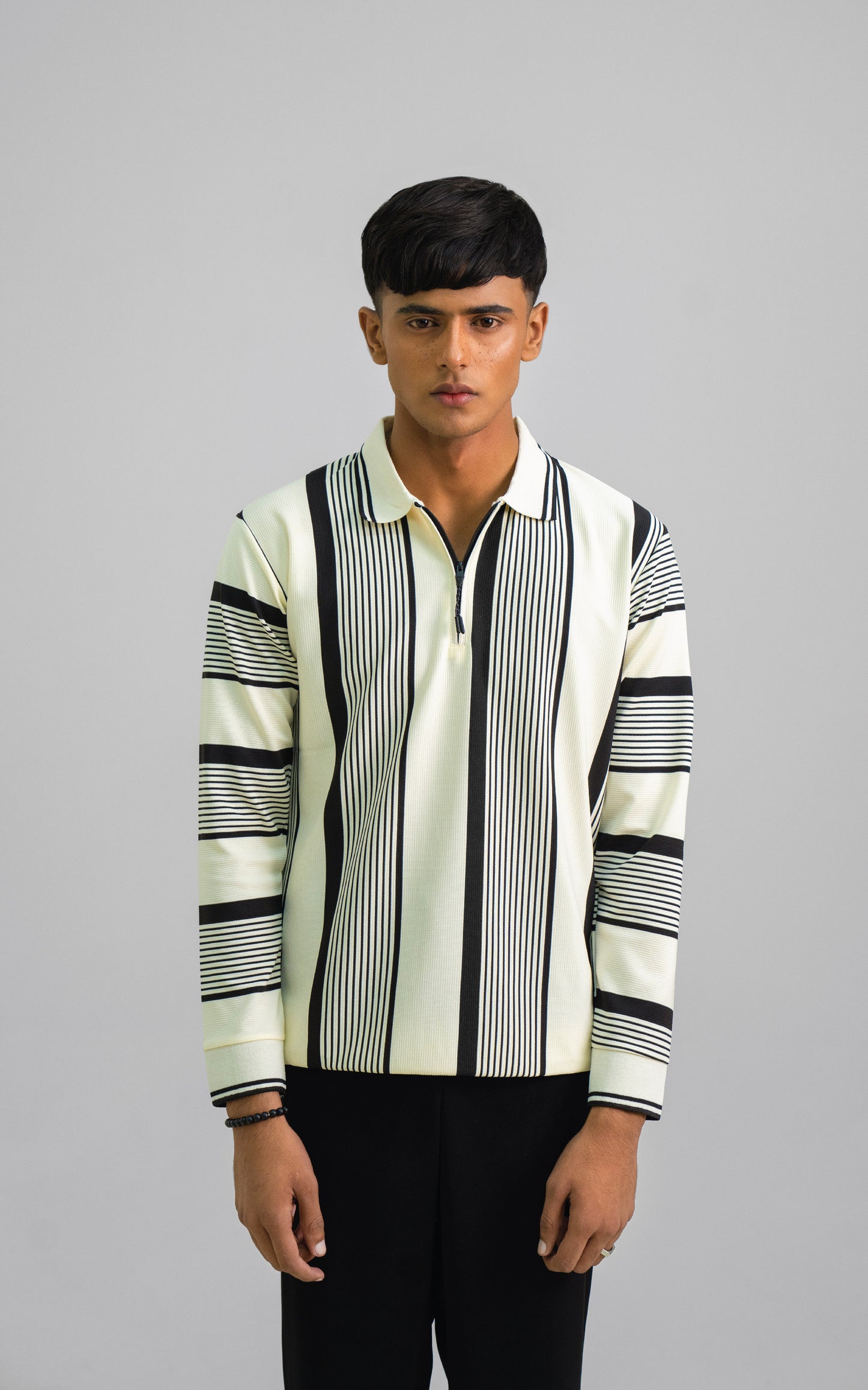 White & Black Vertical Striped Zipper Polo