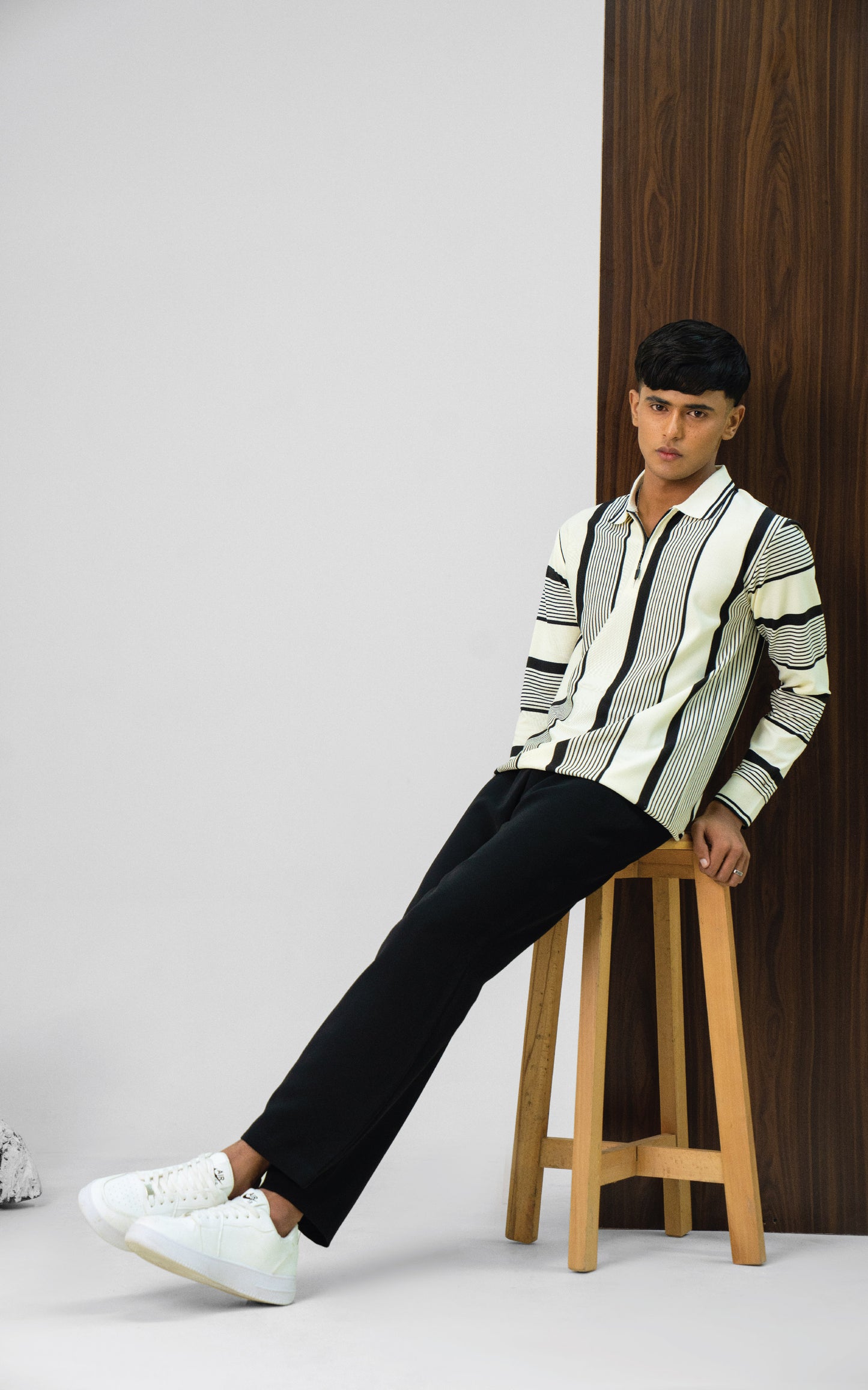 White & Black Vertical Striped Zipper Polo