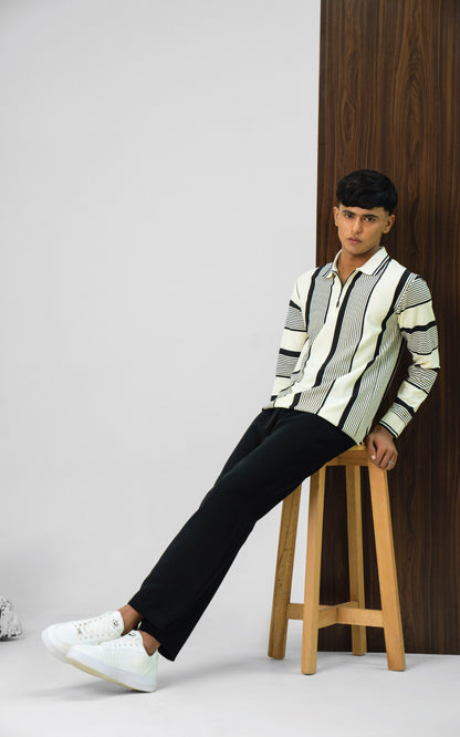 White & Black Vertical Striped Zipper Polo