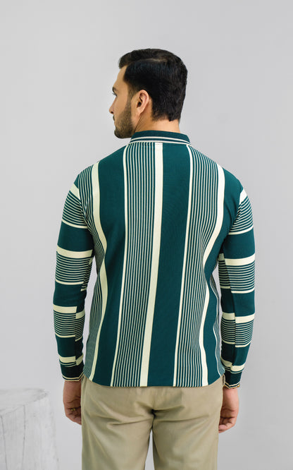 Green & Cream Vertical Striped Zipper Polo
