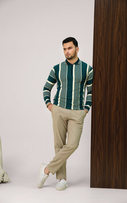 Green & Cream Vertical Striped Zipper Polo