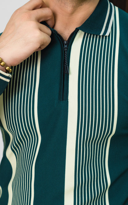 Green & Cream Vertical Striped Zipper Polo