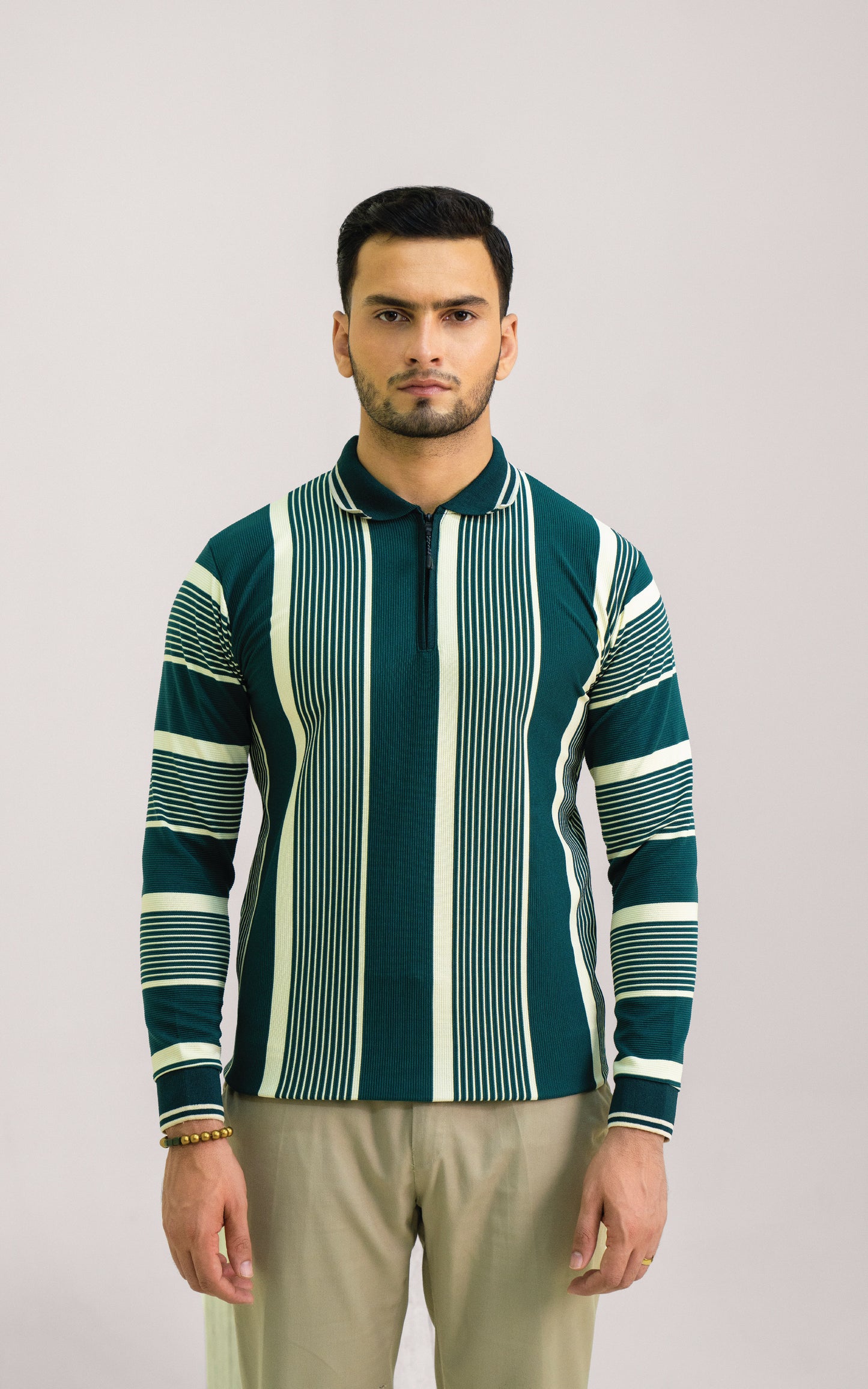Green & Cream Vertical Striped Zipper Polo