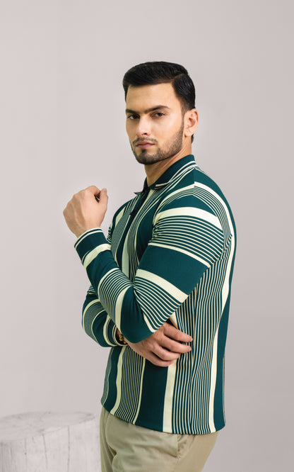 Green & Cream Vertical Striped Zipper Polo